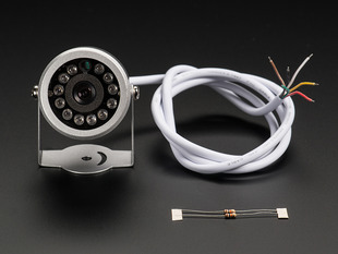 Weatherproof camera with mounting bracket and ring of LEDs next to resistors