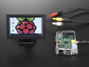 Mini enclosed TFT Television wired up to Raspberry Pi, showing off desktop screen.