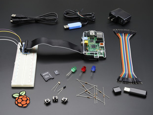 Raspberry Pi Model B start pack with kit contents.