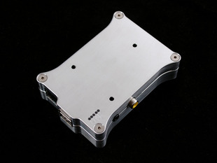 Angled shot of assembled milled aluminum case for Raspberry Pi model B