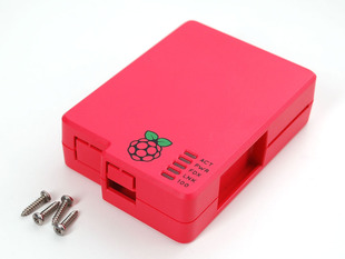 Angled shot of assembled raspberry colored enclosure for Raspberry Pi Model B. Four screws lay next to the enclosure.