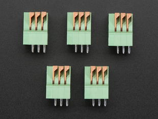 Top view of five Configurable Spring Terminal Blocks - 3 Pin 0.1" Pitch.