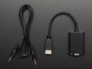 Top down view of a HDMI to VGA Video Adapter and 3.5mm Male/Male Stereo Cable.