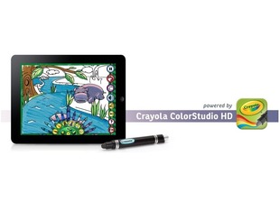 Tablet with drawing on it, and text "POWERED BY CRAYOLA COLORSTUDIO HD"