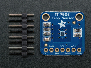 Top down view of a Contact-less Infrared Thermopile Sensor Breakout next to a 8-pin header. 