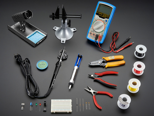Collection of many electronic hand tools and soldering equipment