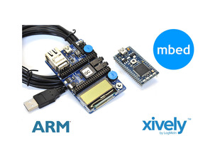 Composited shot of mbed board, mbed acessory board, and xively logo