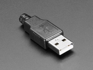 Angled shot of an assembled USB DIY Connector Shell with a Type A Male Plug. The male plug faces the camera at an angle.