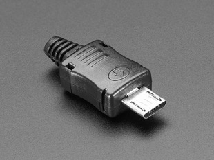 Angled shot of an assembled USB DIY Connector Shell with a Type Micro-B Plug. The male plug faces the camera at an angle.