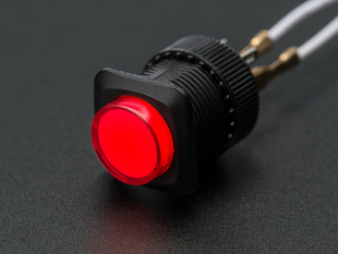 Angled shot of a red 16mm illuminated pushbutton. 