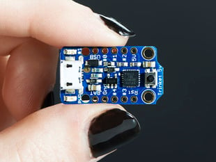 Hand holding Adafruit TriHand holding small Adafruit Trinket - Mini Microcontrollerket board.
