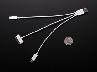 USB 3-Way Charging Cable - With Type A, iPhone 5/iPhone/iPad and Micro USB ends