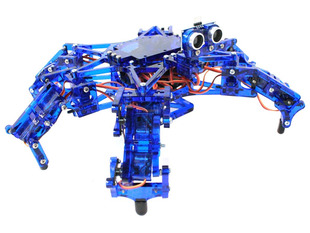 Side of crab-looking blue 6-legged robot.