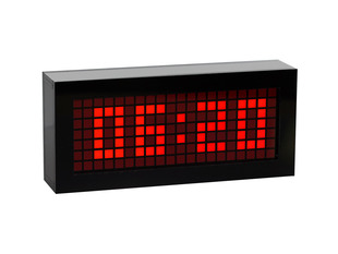 Desktop clock with 7 x 16 square matrix display showing "06:20" time on display