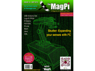 Front cover of The MagPi issue 16, a magazine for Raspberry Pi users. A black-and-green The Matrix-like background. Text reads skutter: expanding your senses with I2C.