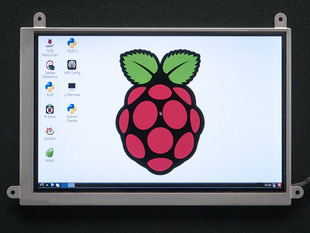 Top down view of a HDMI 4 Pi - 5.6" Display. The monitor displays a desktop image including a Raspberry Logo. 