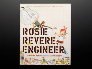Front cover of "Rosie Revere, Engineer" by Andrea Beaty and illustrated by David Roberts. Illustrations feature a young blonde girl with a red-and-white polkadot head kerchief. A man with big pantaloons as a parachute floats near her. 
