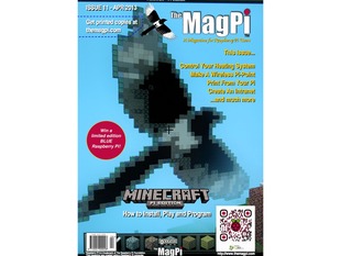 Front cover of The MagPi, issue 11, a magazine for raspberry pi users. A pixellated hawk against a blue background. This issue... control your heating system. Make a wireless pi-point. Print from your Pi. Create an intranet... and much more. 