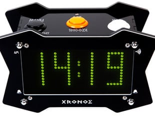 Funky angled clock with large LED matrix on front showing 14:19 in green