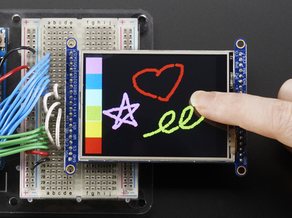 TFT breakout wired to arduino, hand drawing of a heart, star, and swirling line using touchscreen
