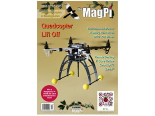Front cover of The MagPi - Issue 19, Dec 2013, a magazine for raspberry pi users. Environmental monitor, XloBorg paint brush, GPIO LCD screen, Remote Sensing, Pi Store Review, Catch up TV, SonicPi. Quadcopter lift off. Portrait of an unmanned aerial vehicle.