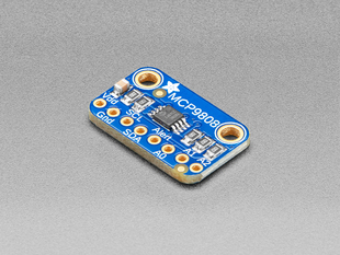 Angled shot of a small, blue, rectangular temperature sensor breakout board.
