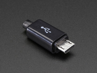 Angled shot of an assembled USB DIY Slim Connector Shell with a MicroB Plug. The male plug faces the camera at an angle.