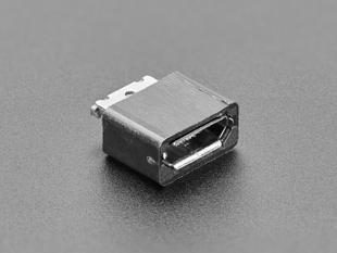 Angled shot of an assembled USB DIY Connector with MicroB Female Plug. The female pluf faces the camera angle. 