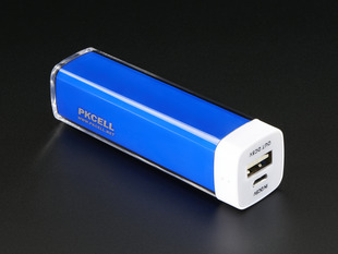 Angled shot of a blue long rectangular USB battery pack.