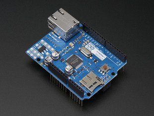 Angled shot of a Arduino Ethernet shield R3 with micro SD connector - Assembled. 