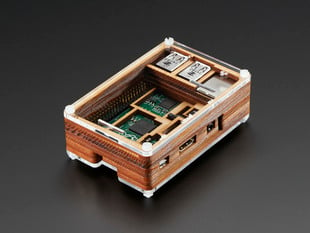 Angled shot of assembled Timber Pibow - Enclosure for Raspberry Pi Model B+ Computers.
