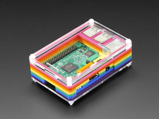 Angled shot of assembled Rainbow Pibow - Enclosure for Raspberry Pi 2 / Model B+/ Pi 3.