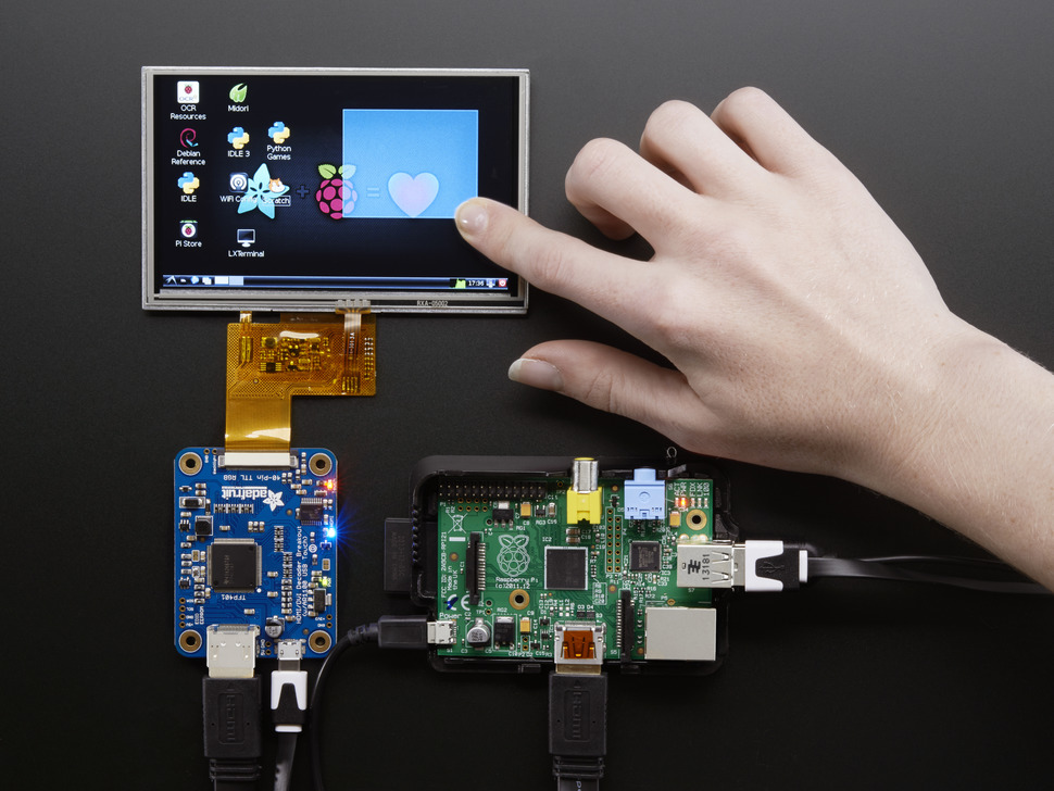 Breakout connected to TFT and Raspberry Pi, showing Pi desktop screen. Hand is dragging a selection with the touchscreen.