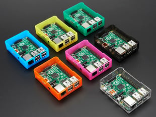 Angled shot of several assembled Model B+ / Pi 2 / Pi 3 cases all in different colors.