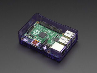 Assembled purple acrylic Raspberry Pi case with no lid.