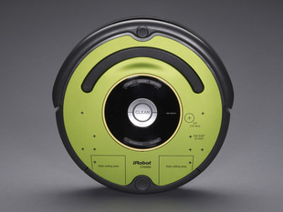 Round iRobot Roomba look-alike but with green body.