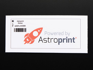 Square sticker showing an orange rocket ship with black printed words reading "powered by Astroprint" 