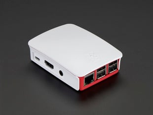 Assembled red and white Raspberry Pi case.