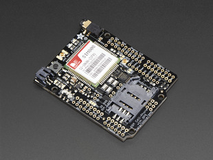 Angled shot of Adafruit FONA 808 Shield - Mini Cellular GSM + GPS for Arduino. 