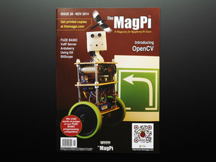 Front cover of The MagPi - Issue 28 Nov 2014, a magazine for Raspberry pi users. Introducing OpenCV. Get printed copies at themagpi.com. FUZE BASIC, VoIP server, Arduberry, Using Git, BitScope. Portrait of a two-wheeled robot buddy. 
