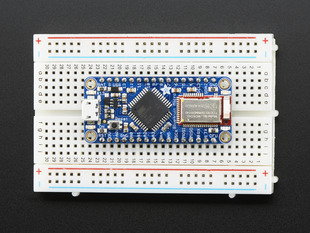 Top down view of a Adafruit Bluefruit LE Micro - Bluetooth Low Energy + ATmega32u4 on a half-sized breadboard. 