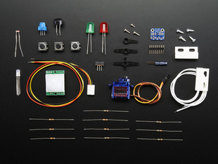 Top view of kit contents for Huzzah! Adafruit.io Internet of Things CC3000 WiFi Starter Kit. 