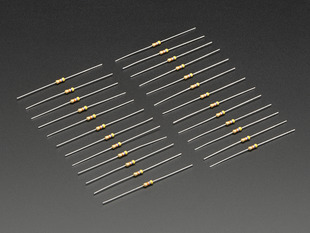 Angled shot of 25 Through-Hole Resistors - 47K ohm 5% 1/4W.