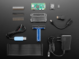 Top down view of components included in a Raspberry Pi Zero Starter Pack.