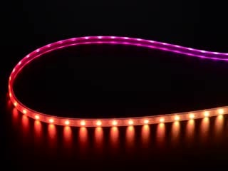 Adafruit NeoPixel Digital RGB LED Strip with all the LEDs lighting in a rainbow pattern.