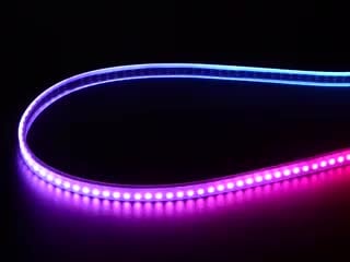 Adafruit NeoPixel Digital RGB LED Strip wired to a microcontroller, with all the LEDs in a rainbow