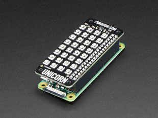 Angled shot of a Pimoroni Unicorn pHAT - 4x8 RGB LED Shield for Raspberry Pi stacked on a Pi Zero. 