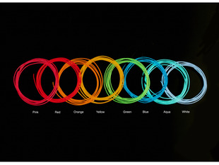 Composite shot of many lit EL wire coils in different colors to compare colors.