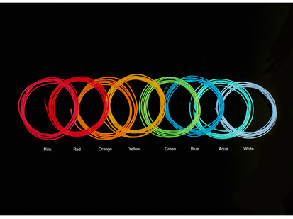 Composite shot of many lit EL wire coils in different colors to compare colors.
