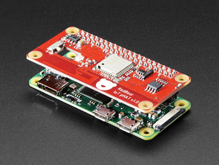 Angled shot of a Red Bear IoT pHAT for Raspberry Pi - WiFi + BTLE stacked on a Pi Zero. 
